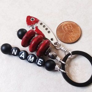 Personalized Fishing Lure Key Chain - Sexy Black Red Silver Angler Key Ring!